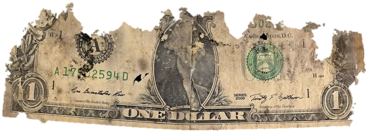 Decayed $1 bill, specimen FF-A17502594D, serial A17502594D, dirt / soil 18%, black mold 12%, iron oxide 3%, material loss 45%