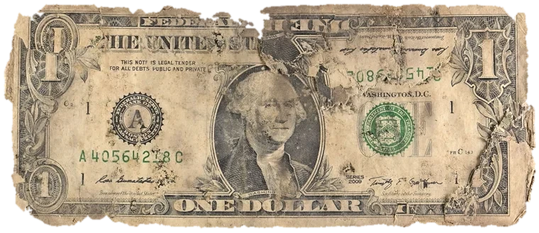 Decayed $1 bill, specimen FF-A40564218C, serial A40564218C, black mold 15%, dirt / soil 14%, iron oxide 2%, material loss 15%