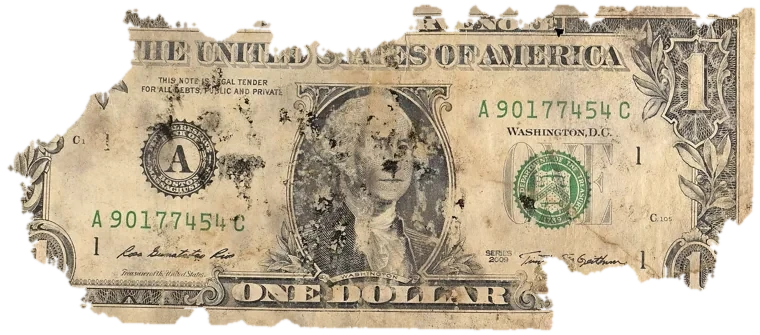 Decayed $1 bill, specimen FF-A90177454C, serial A90177454C, water staining 19%, dirt / soil 17%, black mold 17%, material loss 31%
