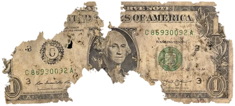 Decayed $1 bill, specimen FF-C86930092A, serial C86930092A, dirt / soil 14%, black mold 7%, water staining 6%, material loss 37%