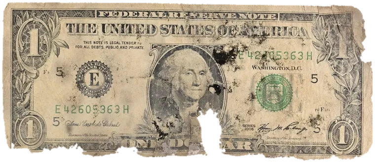 Decayed $1 bill, specimen FF-E42605363H, serial E42605363H, water staining 17%, dirt / soil 12%, black mold 10%, material loss 17%