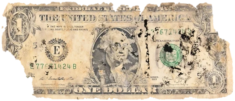 Decayed $1 bill, specimen FF-E77671424B, serial E77671424B, water staining 18%, dirt / soil 18%, black mold 16%, material loss 20%