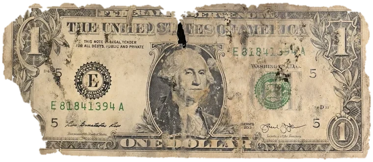 Decayed $1 bill, specimen FF-E81841394A, serial E81841394A, water staining 16%, dirt / soil 13%, black mold 9%, material loss 19%