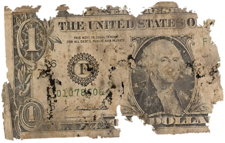 Decayed $1 bill, specimen FF-F01078606A, serial F01078606A, dirt / soil 21%, water staining 13%, black mold 9%, material loss 45%