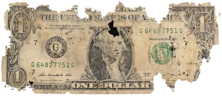 Decayed $1 bill, specimen FF-G64827751G, serial G64827751G, water staining 12%, dirt / soil 12%, black mold 4%, material loss 25%