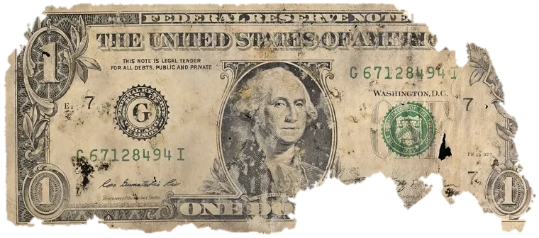 Decayed $1 bill, specimen FF-G67128494I, serial G67128494I, water staining 17%, dirt / soil 12%, black mold 5%, material loss 29%