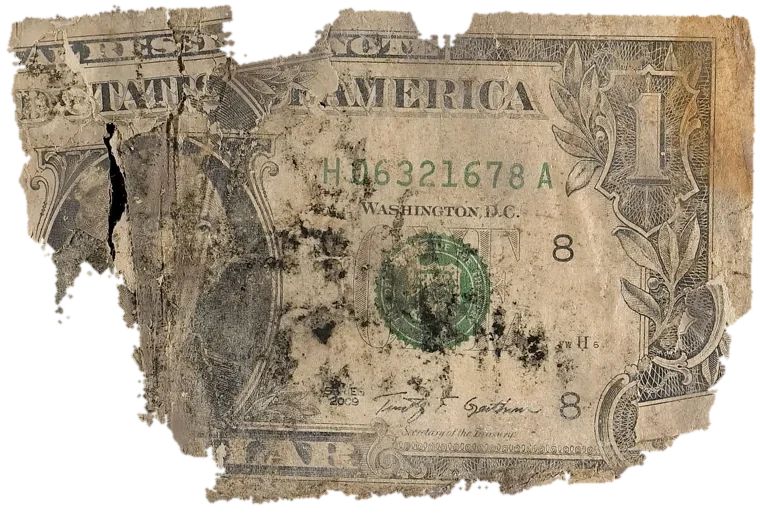 Decayed $1 bill, specimen FF-H06321678A, serial H06321678A, dirt / soil 21%, water staining 16%, iron oxide 8%, material loss 54%