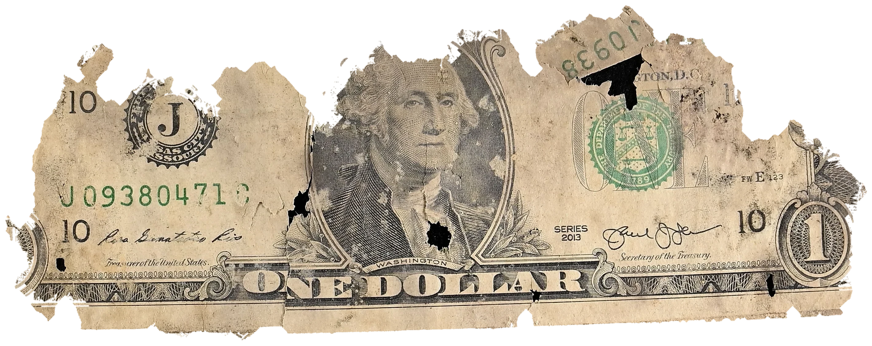 Decayed $1 Federal Reserve Note, specimen FF-J09380471C, serial J09380471C, used as an anatomy guide to the marks on a one-dollar bill