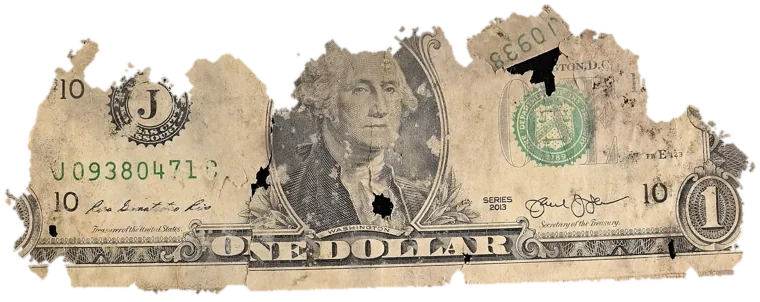Decayed $1 bill, specimen FF-J09380471C, serial J09380471C, dirt / soil 12%, water staining 10%, black mold 7%, material loss 51%