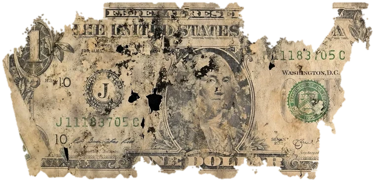 Decayed $1 bill, specimen FF-J11183705C, serial J11183705C, black mold 20%, dirt / soil 16%, water staining 13%, material loss 40%