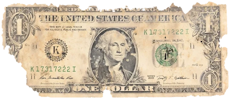 Decayed $1 bill, specimen FF-K17317222I, serial K17317222I, dirt / soil 7%, water staining 6%, black mold 4%, material loss 19%