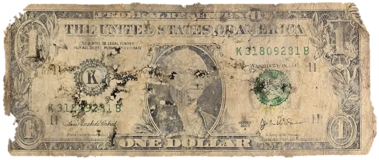 Decayed $1 bill, specimen FF-K31809281B, serial K31809281B, water staining 33%, dirt / soil 16%, black mold 15%, material loss 16%