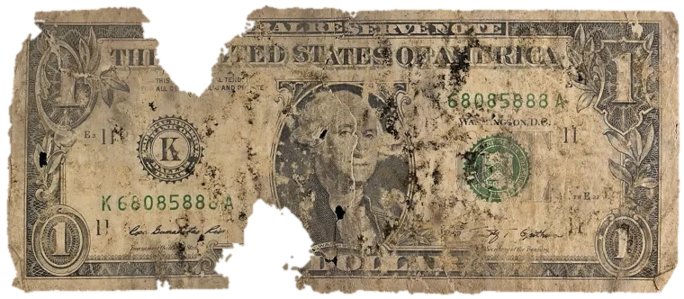 Decayed $1 bill, specimen FF-K68085888A, serial K68085888A, dirt / soil 27%, water staining 21%, black mold 15%, material loss 18%