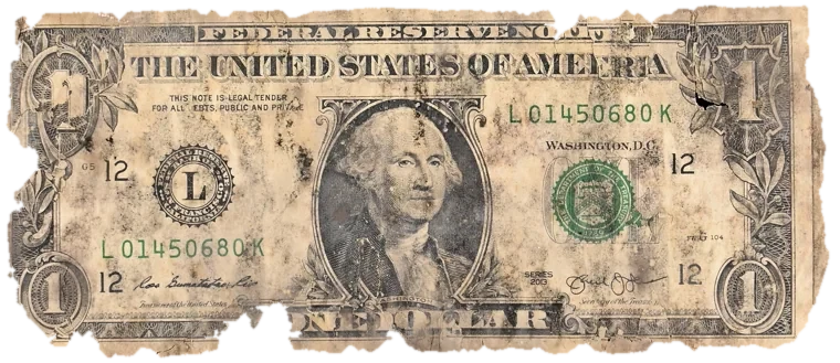 Decayed $1 bill, specimen FF-L01450680K, serial L01450680K, dirt / soil 17%, water staining 12%, black mold 8%, material loss 14%