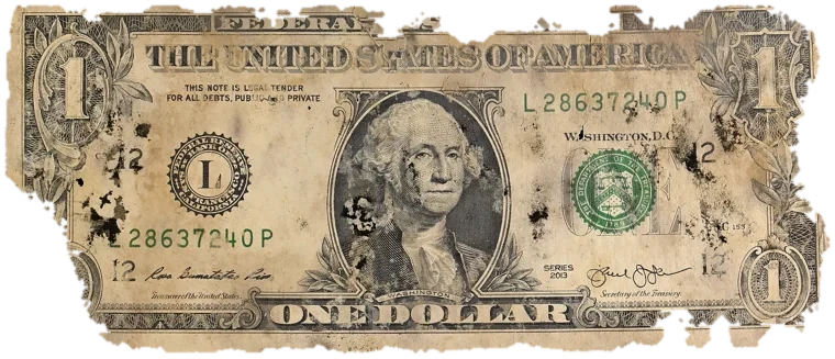 Decayed $1 bill, specimen FF-L28637240P, serial L28637240P, black mold 18%, water staining 15%, dirt / soil 13%, material loss 22%