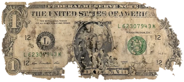 Decayed $1 bill, specimen FF-L62307943K, serial L62307943K, water staining 30%, dirt / soil 16%, black mold 14%, material loss 26%