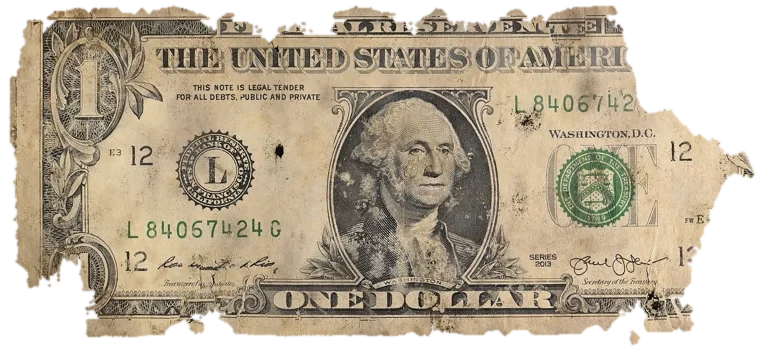 Decayed $1 bill, specimen FF-L84067424G, serial L84067424G, water staining 12%, dirt / soil 12%, black mold 10%, material loss 28%