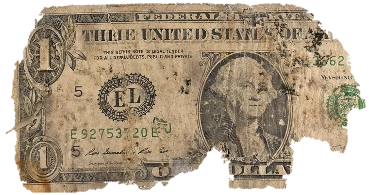 Decayed $1 bill, specimen FF-UNK010, serial lost, dirt / soil 20%, water staining 17%, iron oxide 10%, material loss 41%