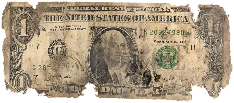 Decayed $1 bill, specimen FF-UNK011, serial lost, water staining 25%, black mold 22%, dirt / soil 18%, material loss 19%