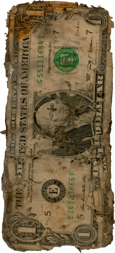 The flagship Filthy Fiat specimen, a decayed Series 2009 $1 bill with heavy rust and mold and two conflicting district marks