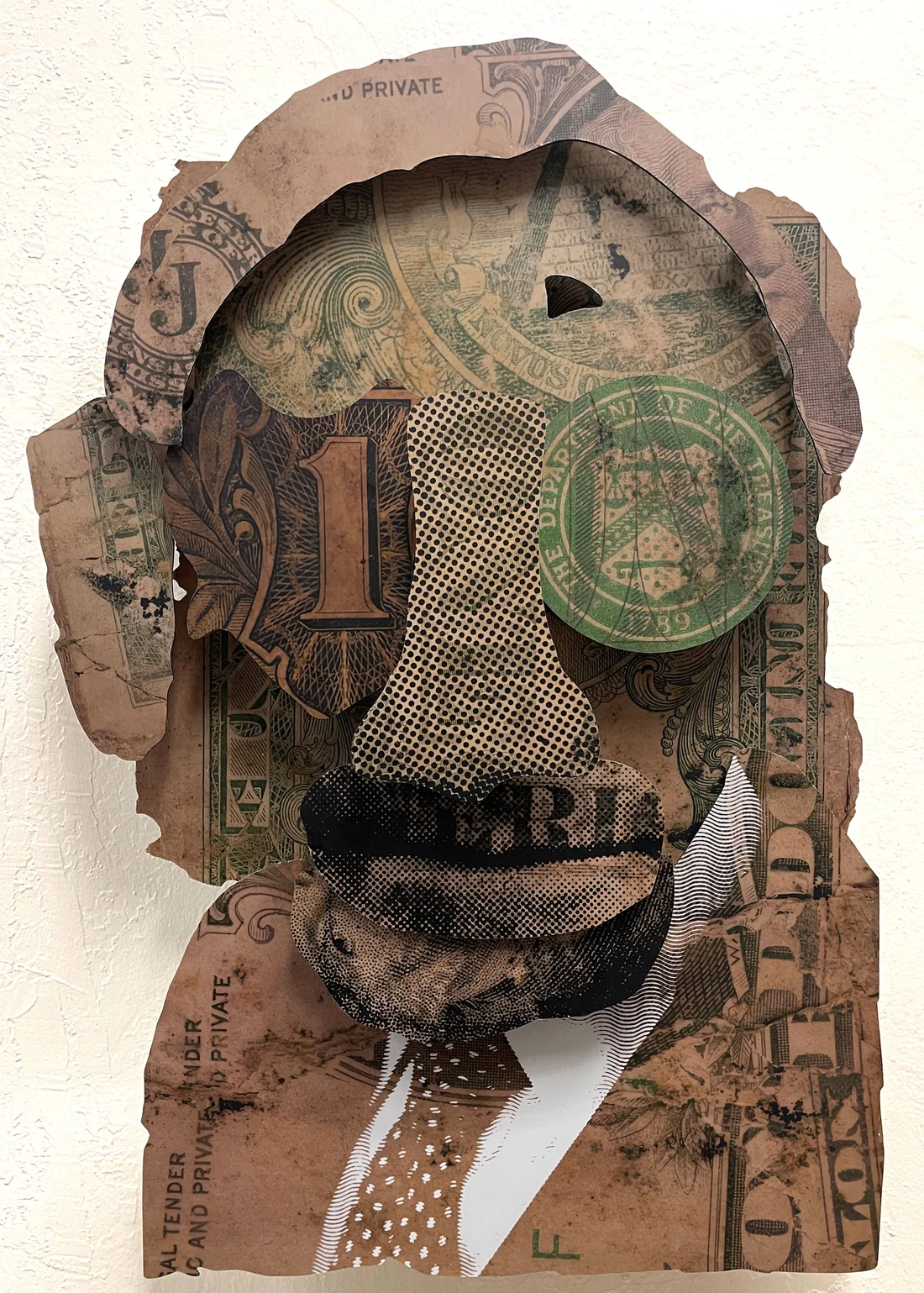 Warren Buffett, a portrait built from fragments of the decayed, buried Filthy Fiat dollar bills, his face formed from a bill's numeral, Treasury seal and worn engraving